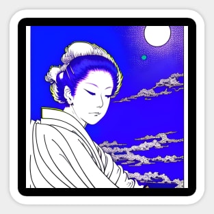 Woman waiting under the watchful moon. Sticker